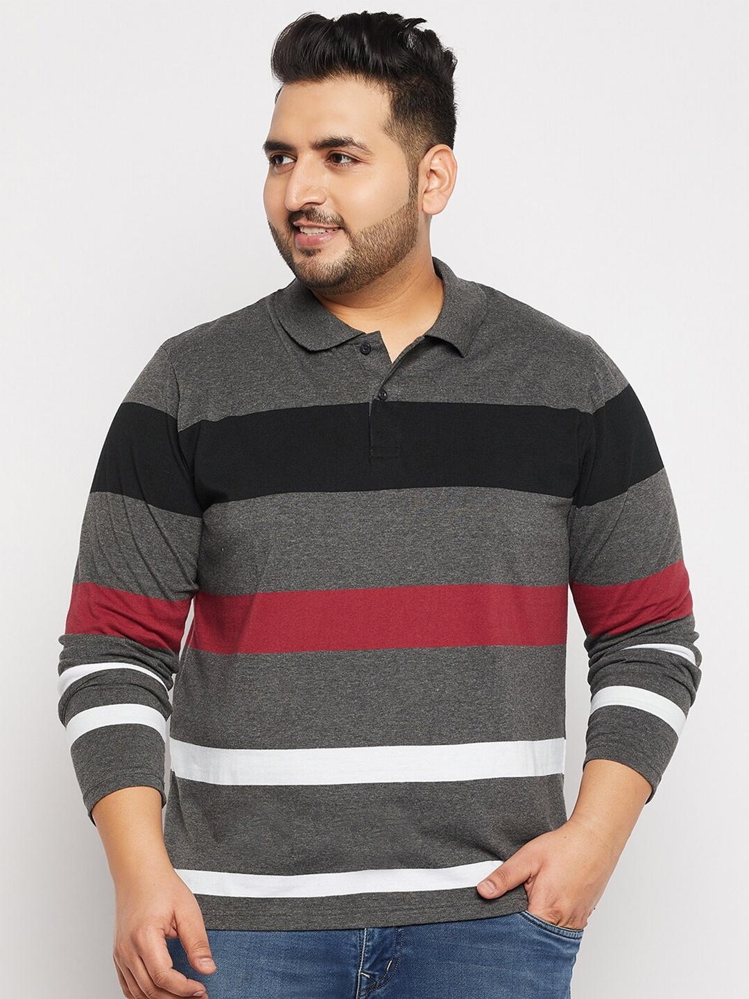 

AUSTIVO Men Grey Melange & Black Striped Polo Collar T-shirt