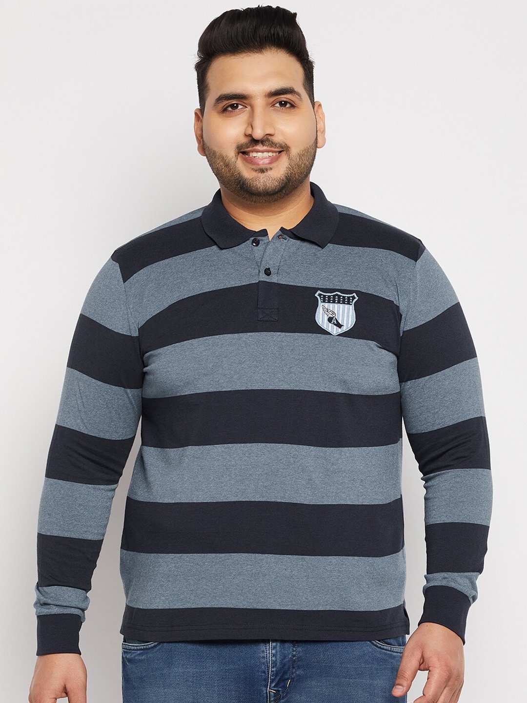 

AUSTIVO Men Blue & Navy Blue Striped Polo Collar T-shirt