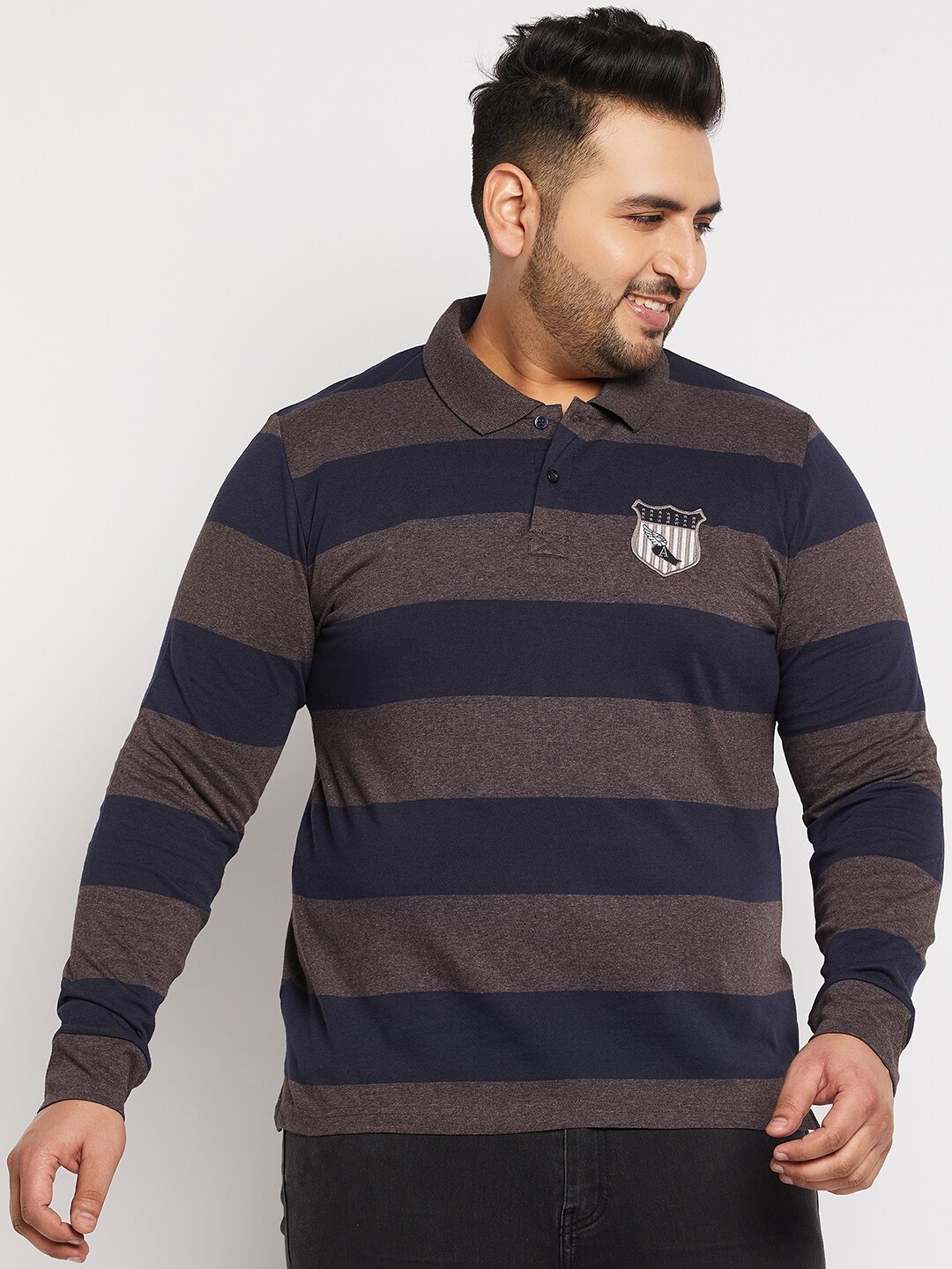 

AUSTIVO Men Navy Blue & Purple Striped Polo Collar T-shirt