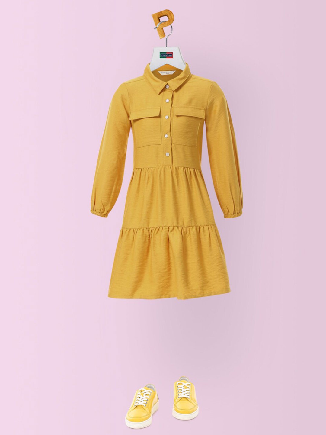 

Peter England Kids Girls Yellow Pure Cotton Solid Tiered Dress