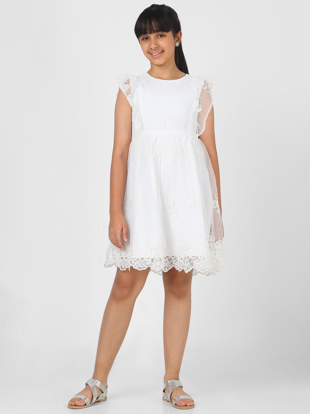 

Peter England Girls Fit and Flare Cap Sleeves Dress, White