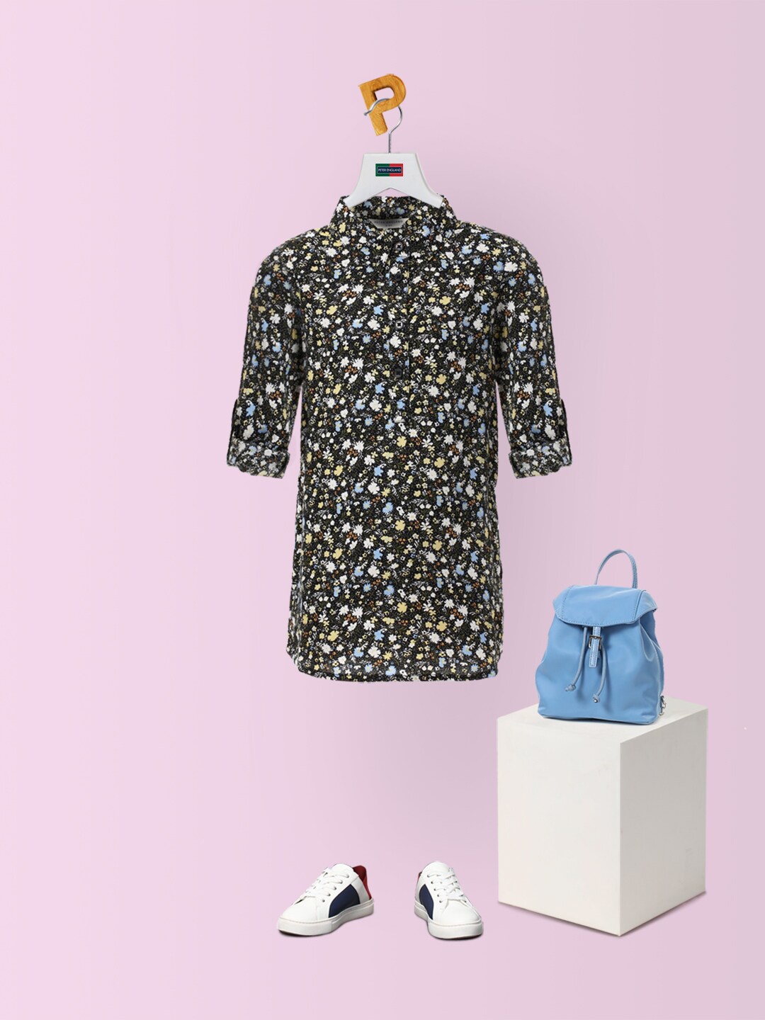 

Peter England Girls Black Floral Printed Pure Cotton Shirt Dress