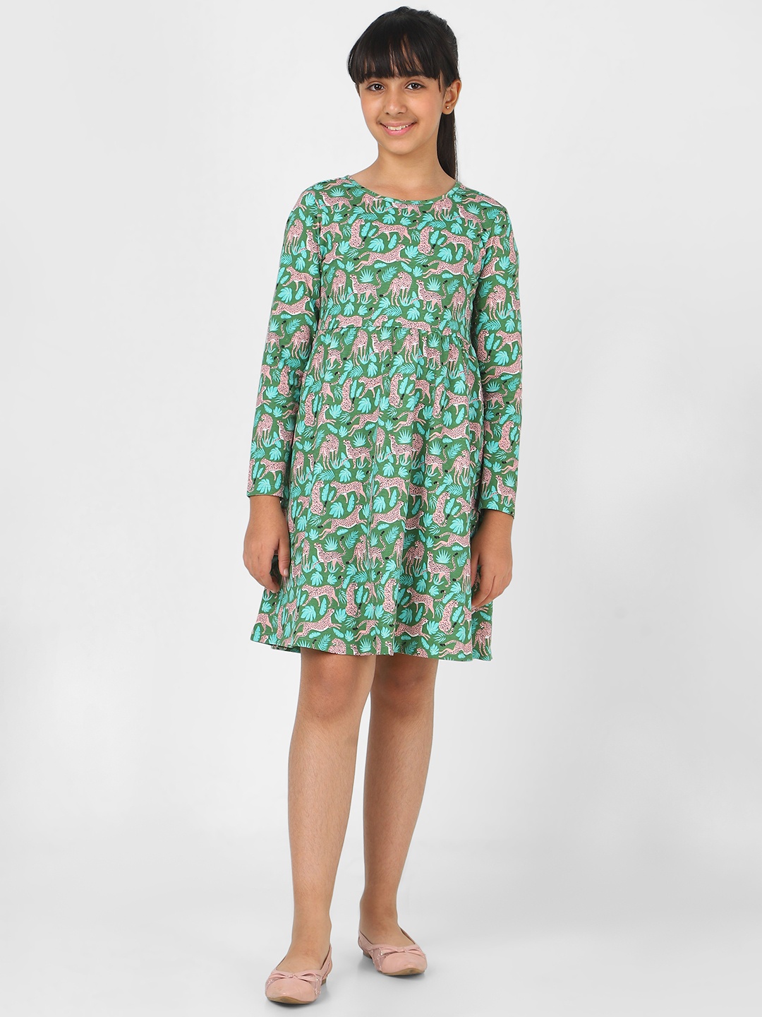 

Peter England Green & Beige Cotton Animal Printed Dress