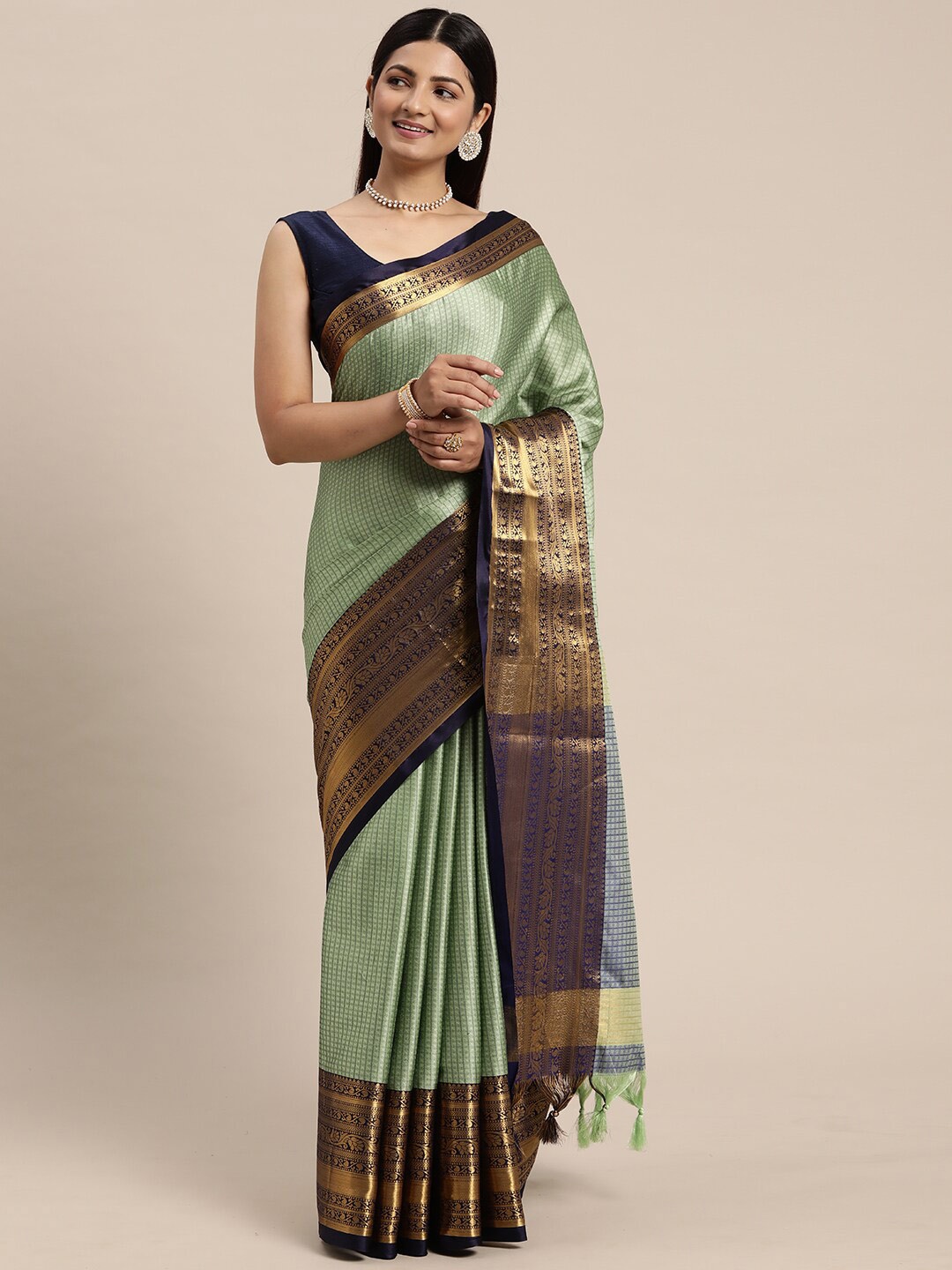 

M M Venture Sea Green & Navy Blue Woven Design Zari Silk Cotton Banarasi Saree