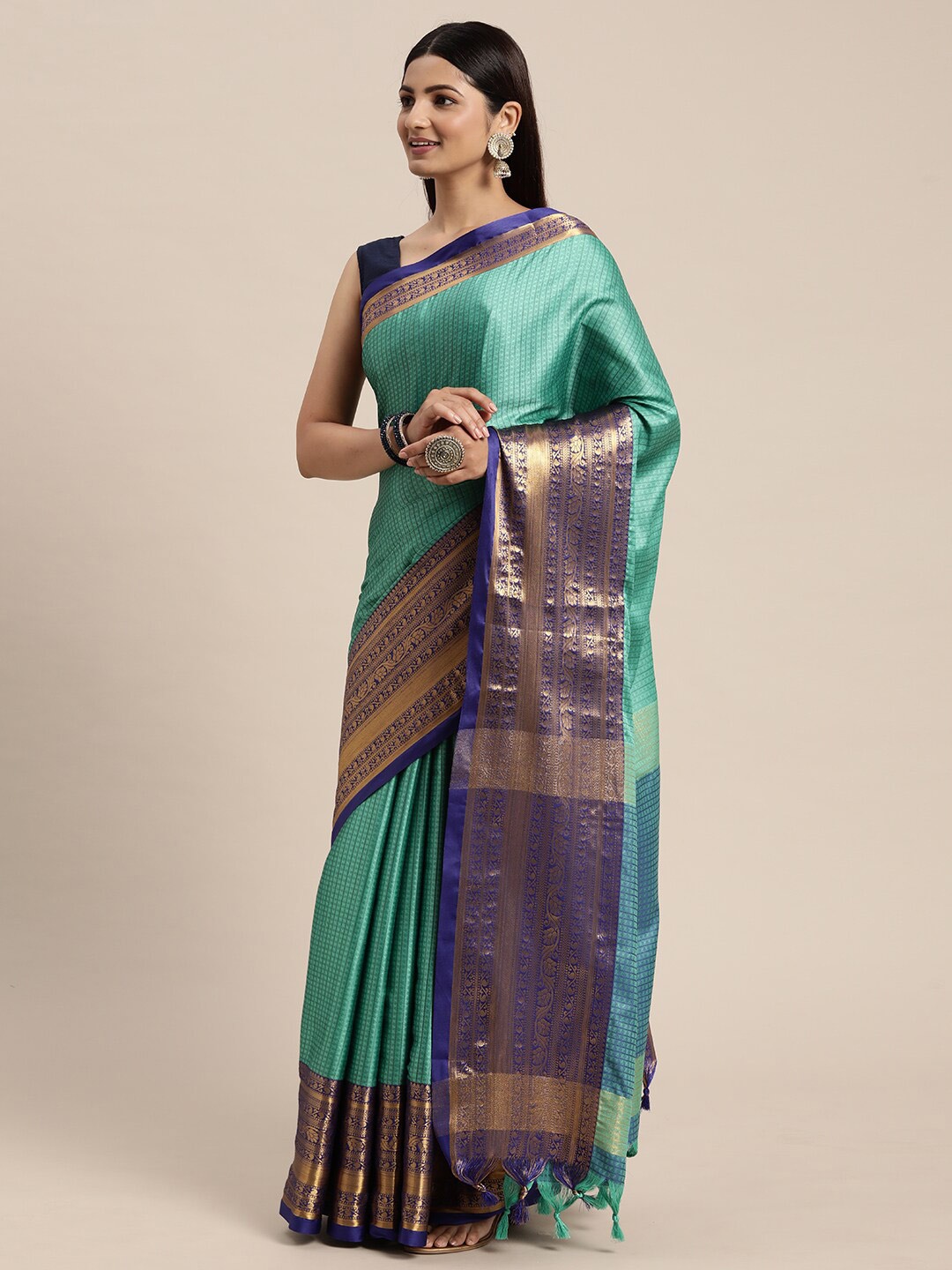 

M M Venture Turquoise Blue & Navy Blue Woven Design Zari Silk Cotton Banarasi Saree