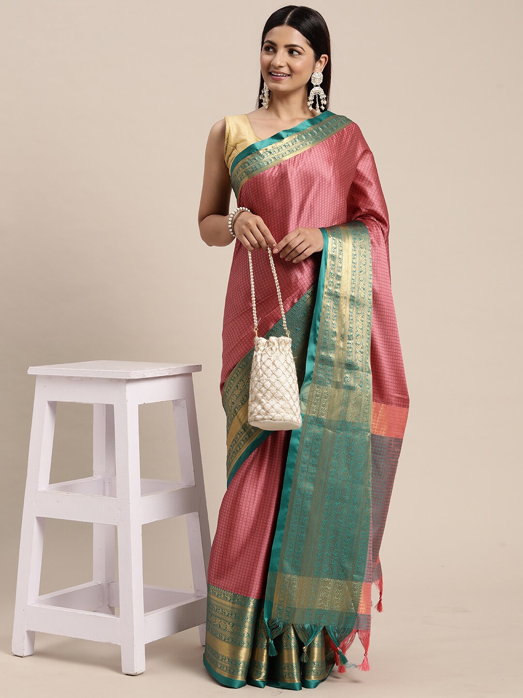 

M M Venture Peach & Green Woven Design Zari Silk Cotton Banarasi Saree