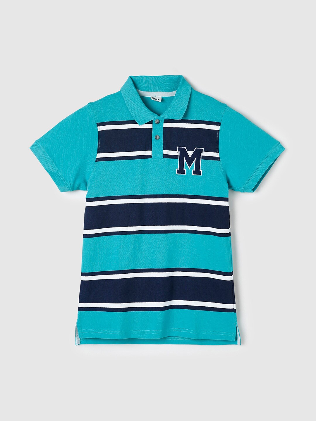 

max Boys Blue & Navy Blue Striped Polo Collar Cotton T-shirt