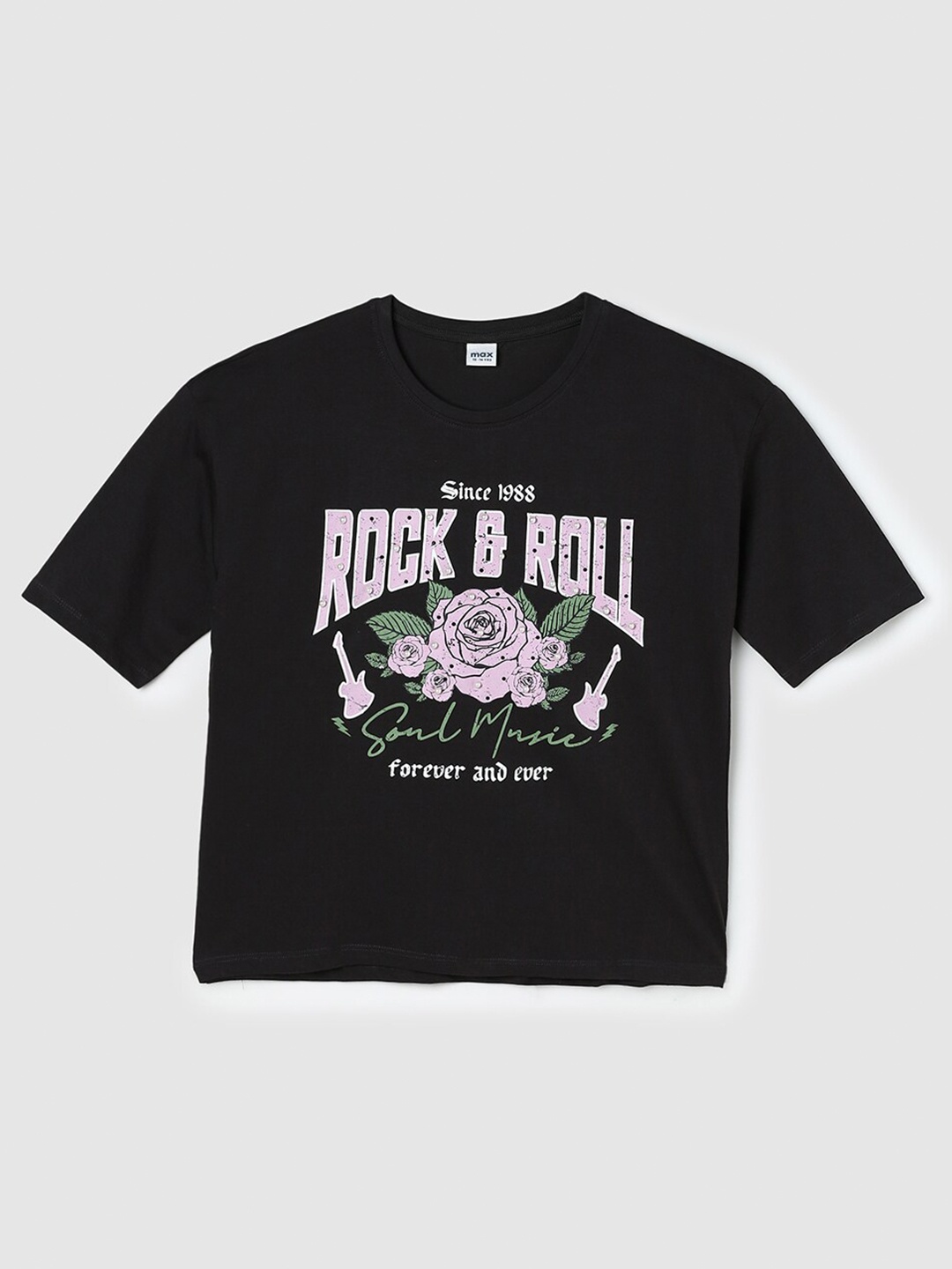 

max Girls Black Typography Printed Cotton T-shirt