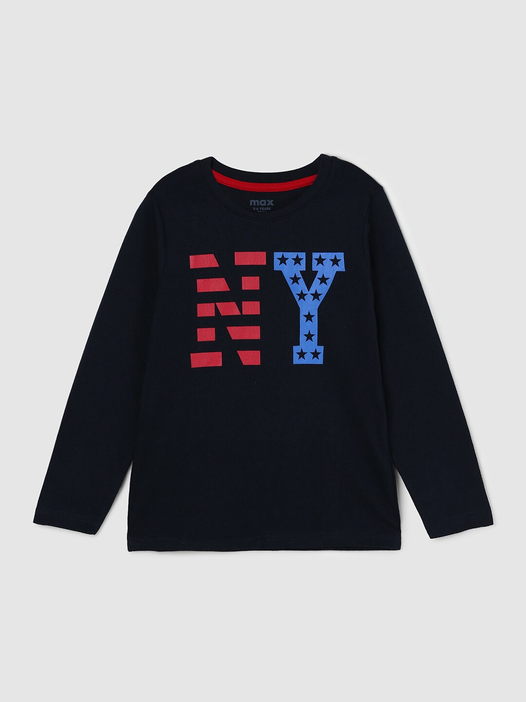 

max Boys Navy Blue Typography Printed Cotton T-shirt