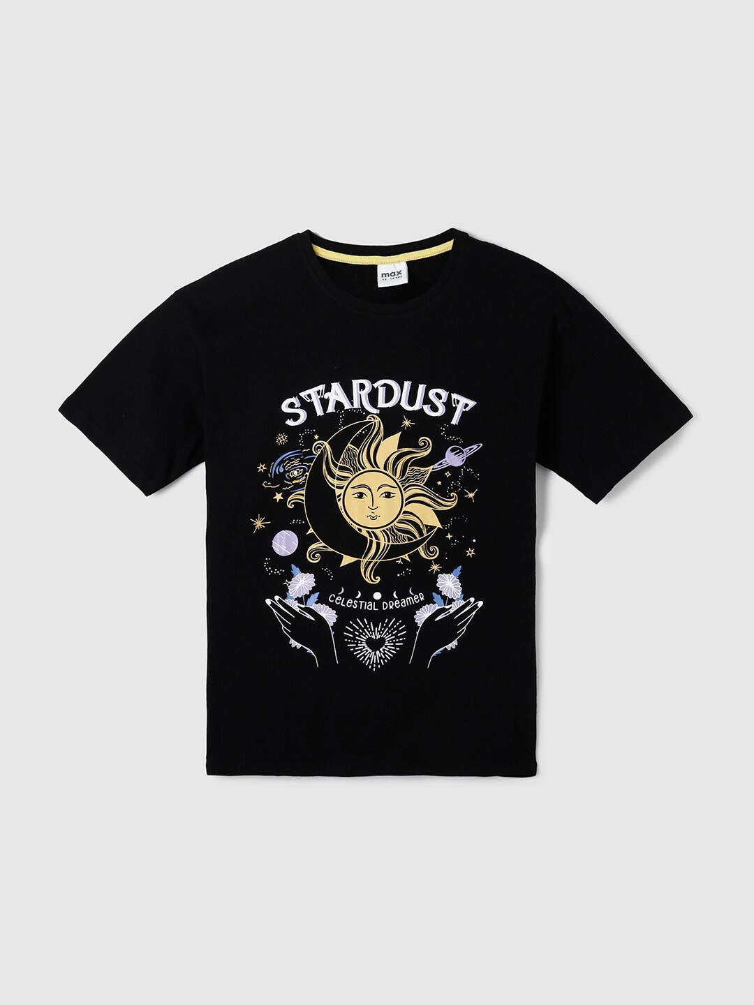 

max Girls Black Printed Cotton T-shirt