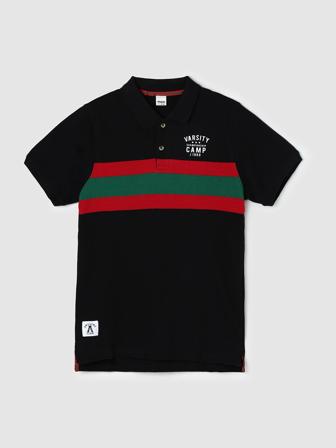 

max Boys Black Colourblocked Polo Collar Cotton T-shirt