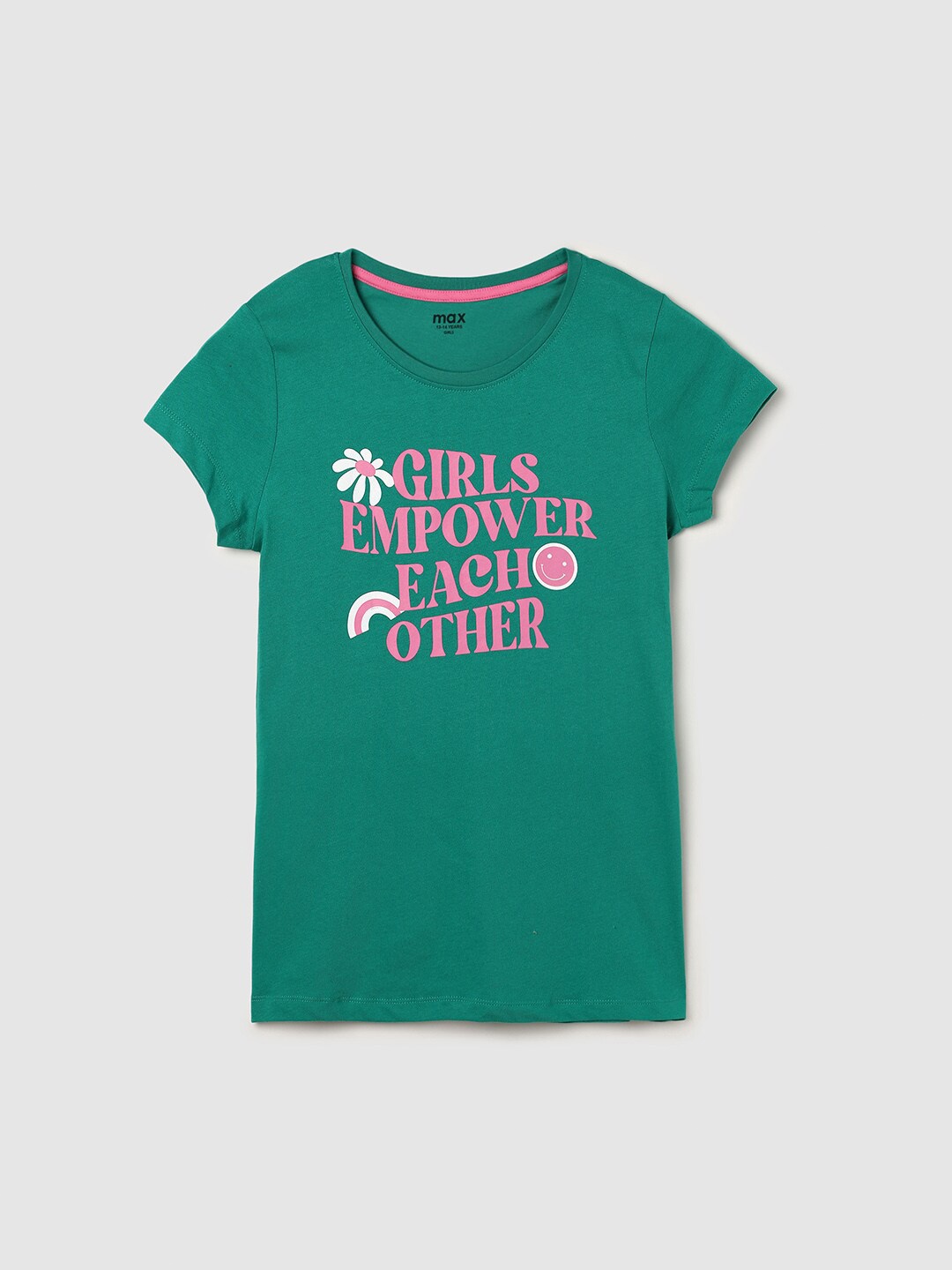 

max Girls Green Typography Printed Pure Cotton T-shirt