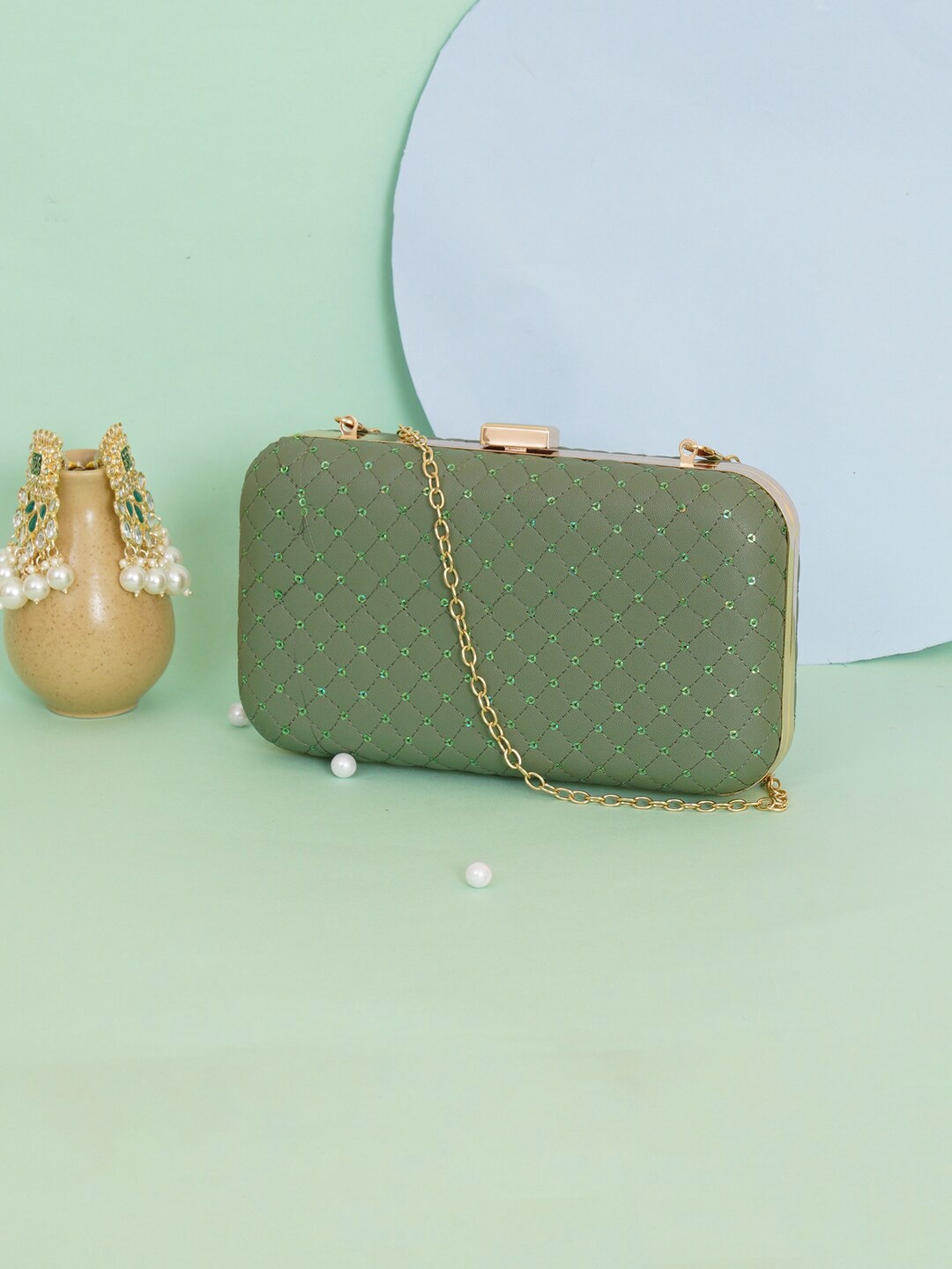 

FABBHUE Olive Green & Gold-Toned Sequined Box Clutch