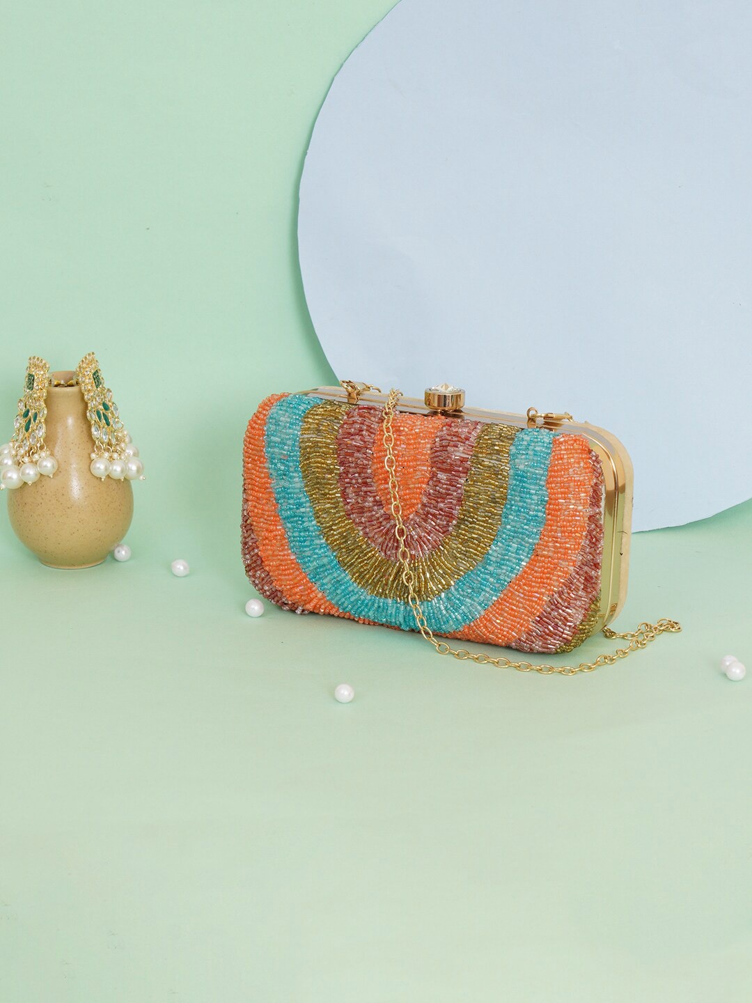 

FABBHUE Orange & Blue Embroidered Box Clutch