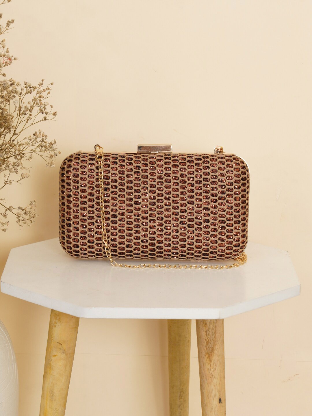 

FABBHUE Gold-Toned & Brown Embellished Box Clutch