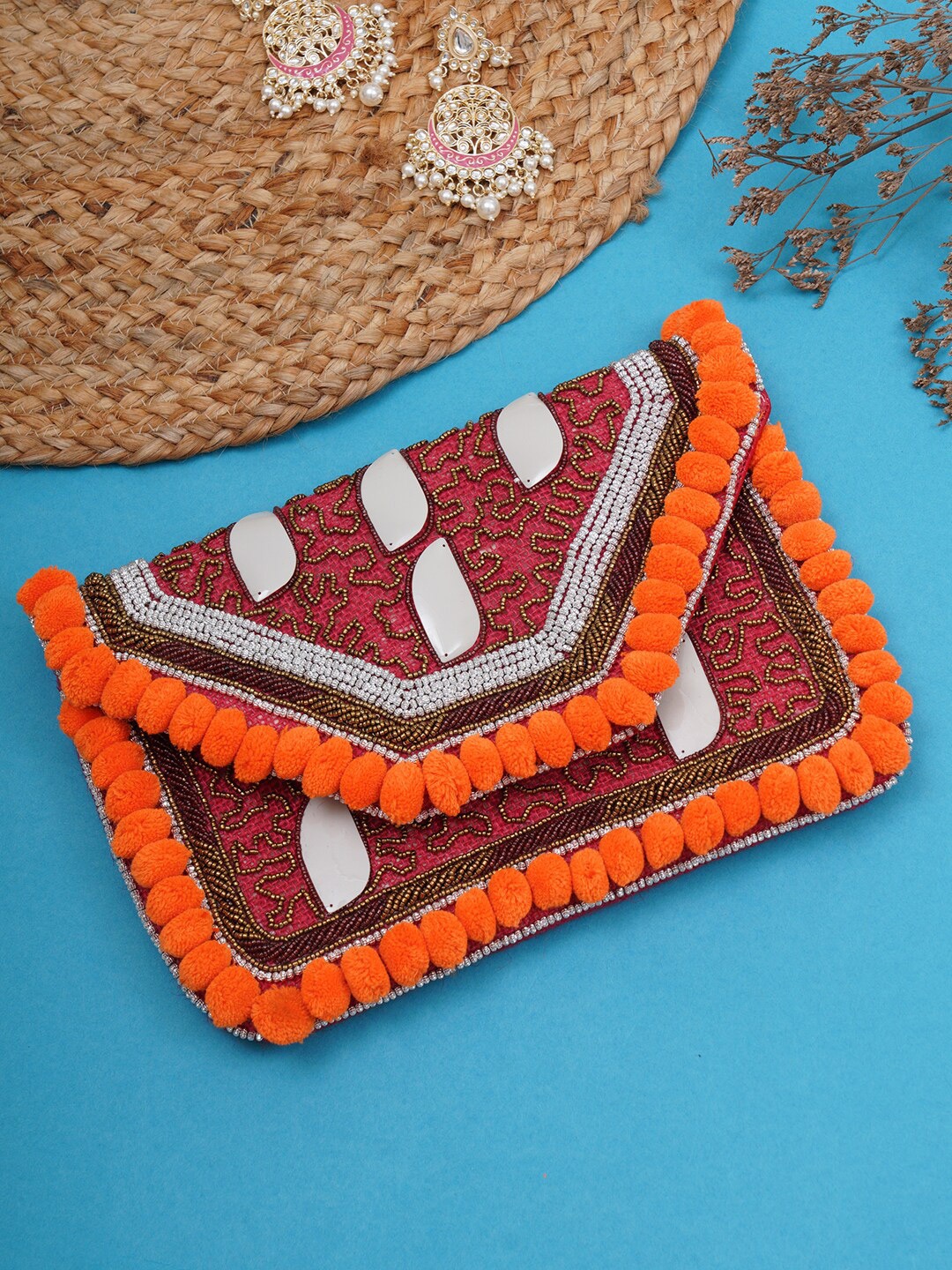 

FABBHUE Red & White Embroidered Envelope Clutch