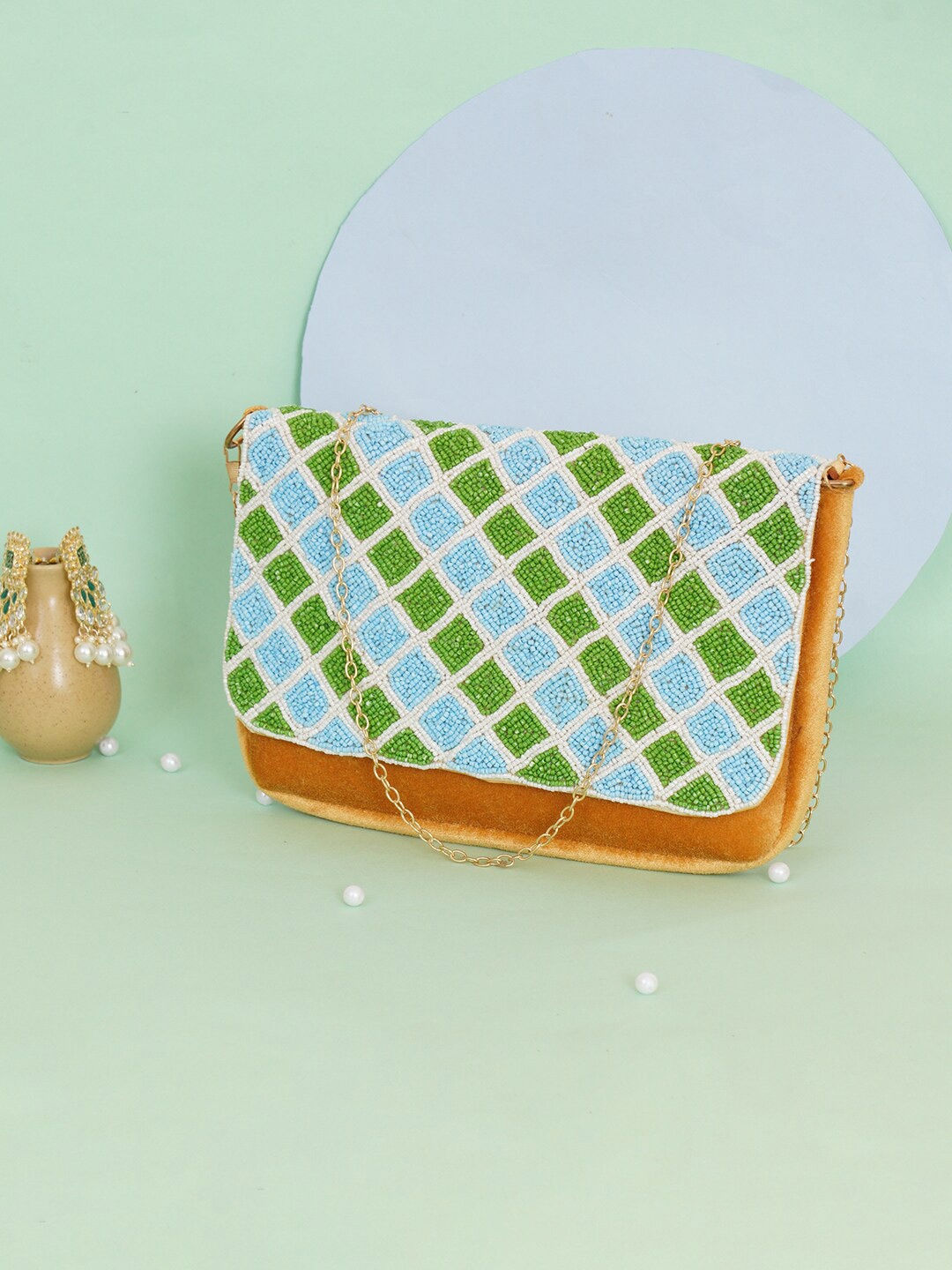 

FABBHUE Orange & Blue Embroidered Embellished Foldover Clutch