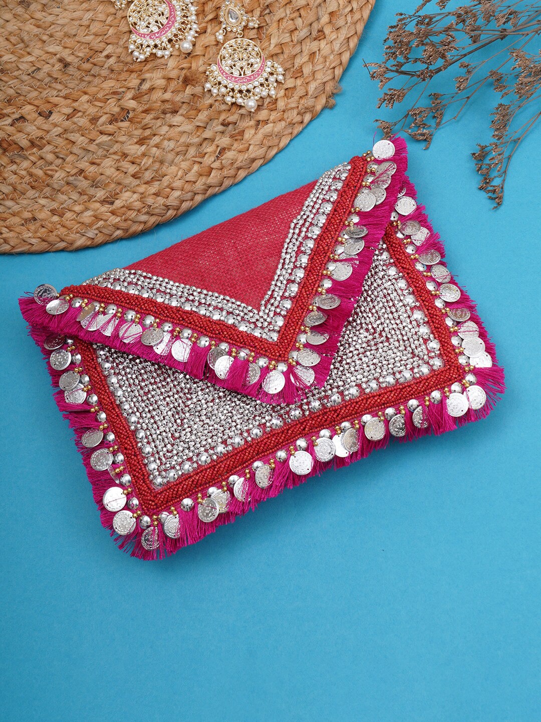 

FABBHUE Red & Silver-Toned Embroidered Embellished Envelope Clutch