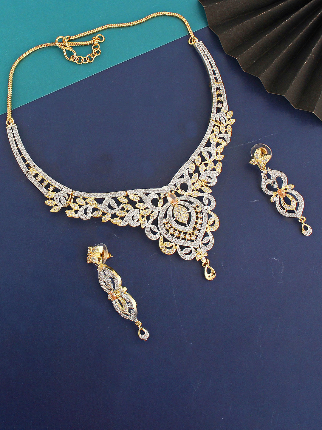 

LUCKY JEWELLERY Women 18K Gold Plated American Diamond Jewellery Set, White