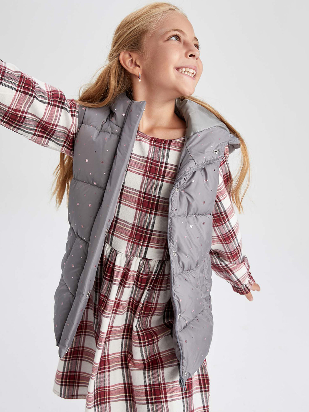 

DeFacto Girls Grey Geometric Printed Longline Padded Jacket