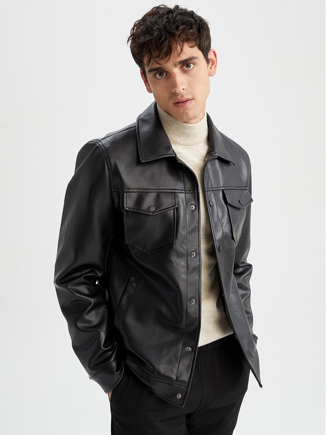 

DeFacto Men Black Faux Leather Jacket