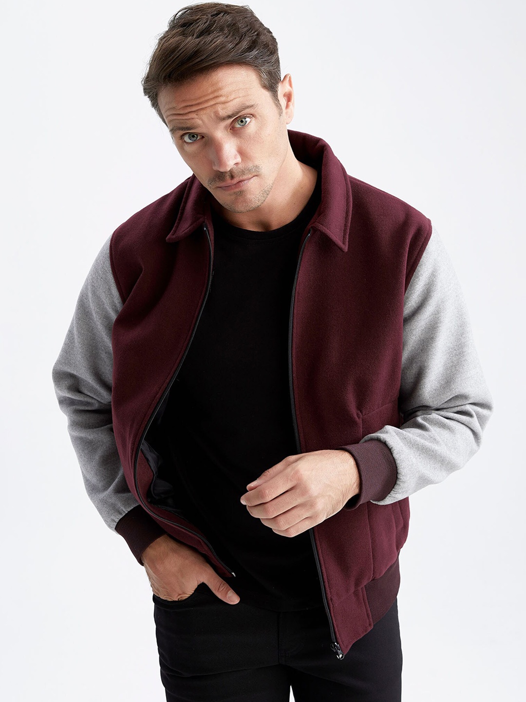 

DeFacto Men Burgundy Grey Colourblocked Tailored Jacket