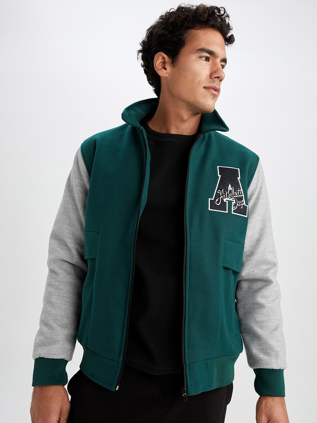 

DeFacto Men Green & Grey Embroidered Biker Jacket