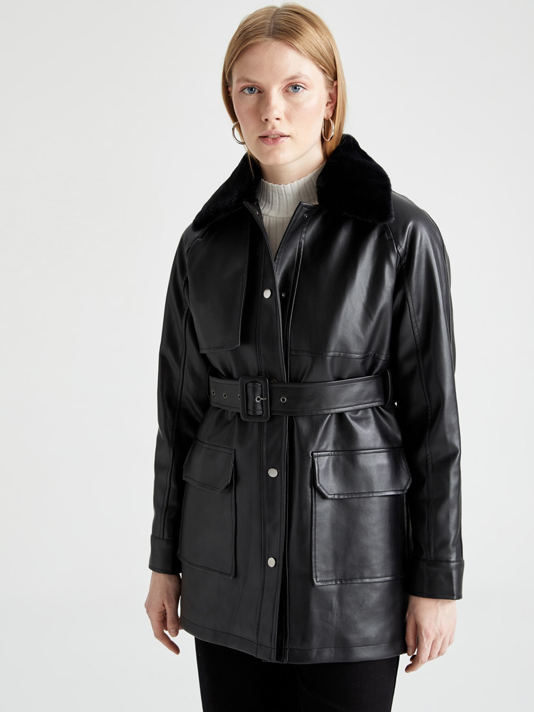

DeFacto Women Black Longline Leather Jacket