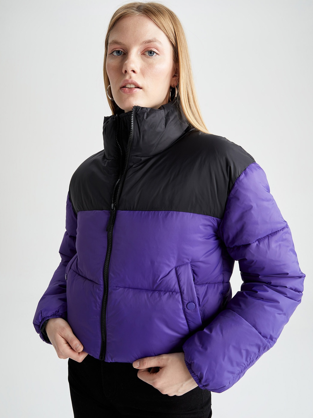 

DeFacto Women Purple Colourblocked Crop Padded Jacket