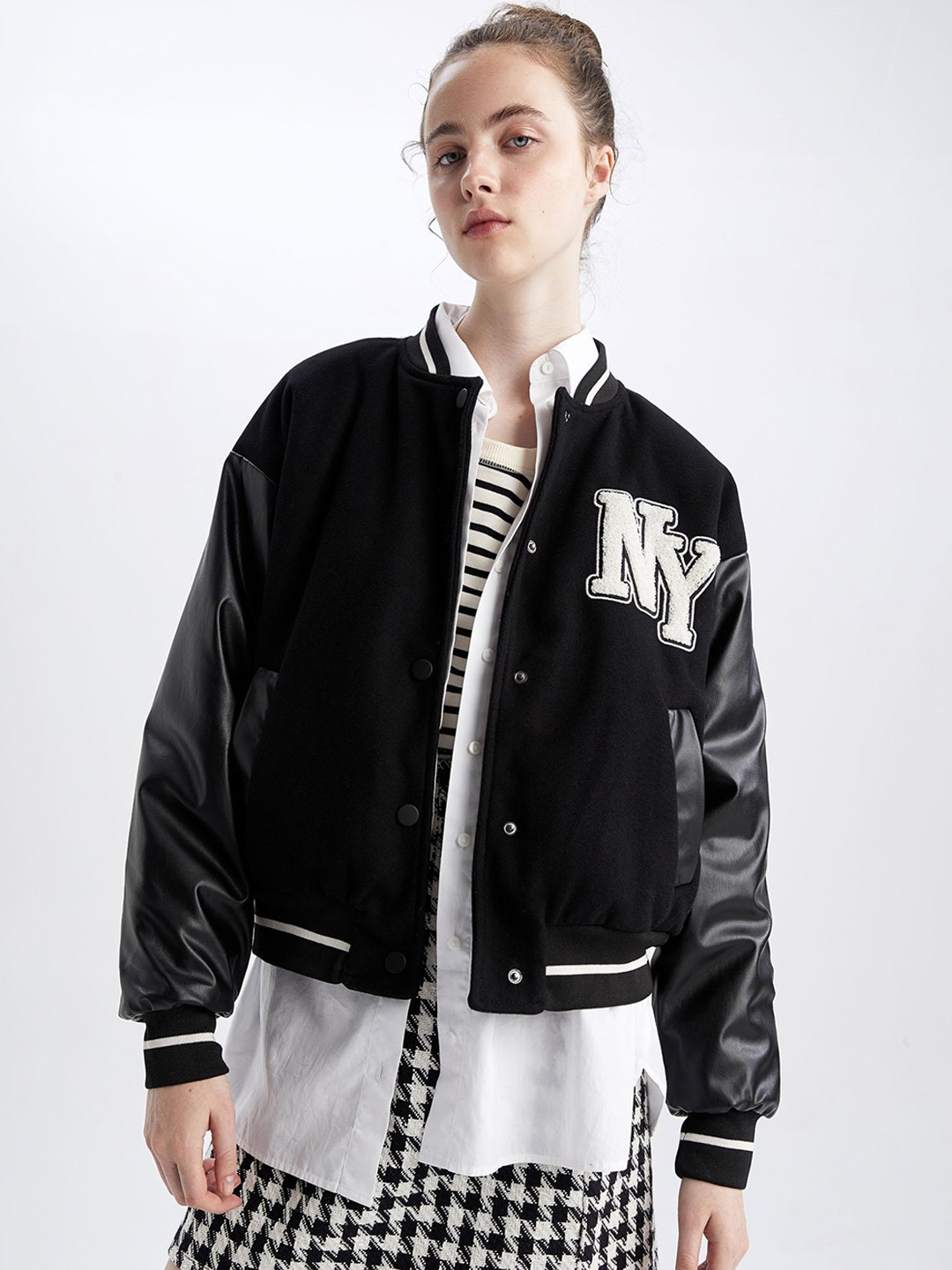 

DeFacto Women Black & White Long Sleeves Varsity Jacket