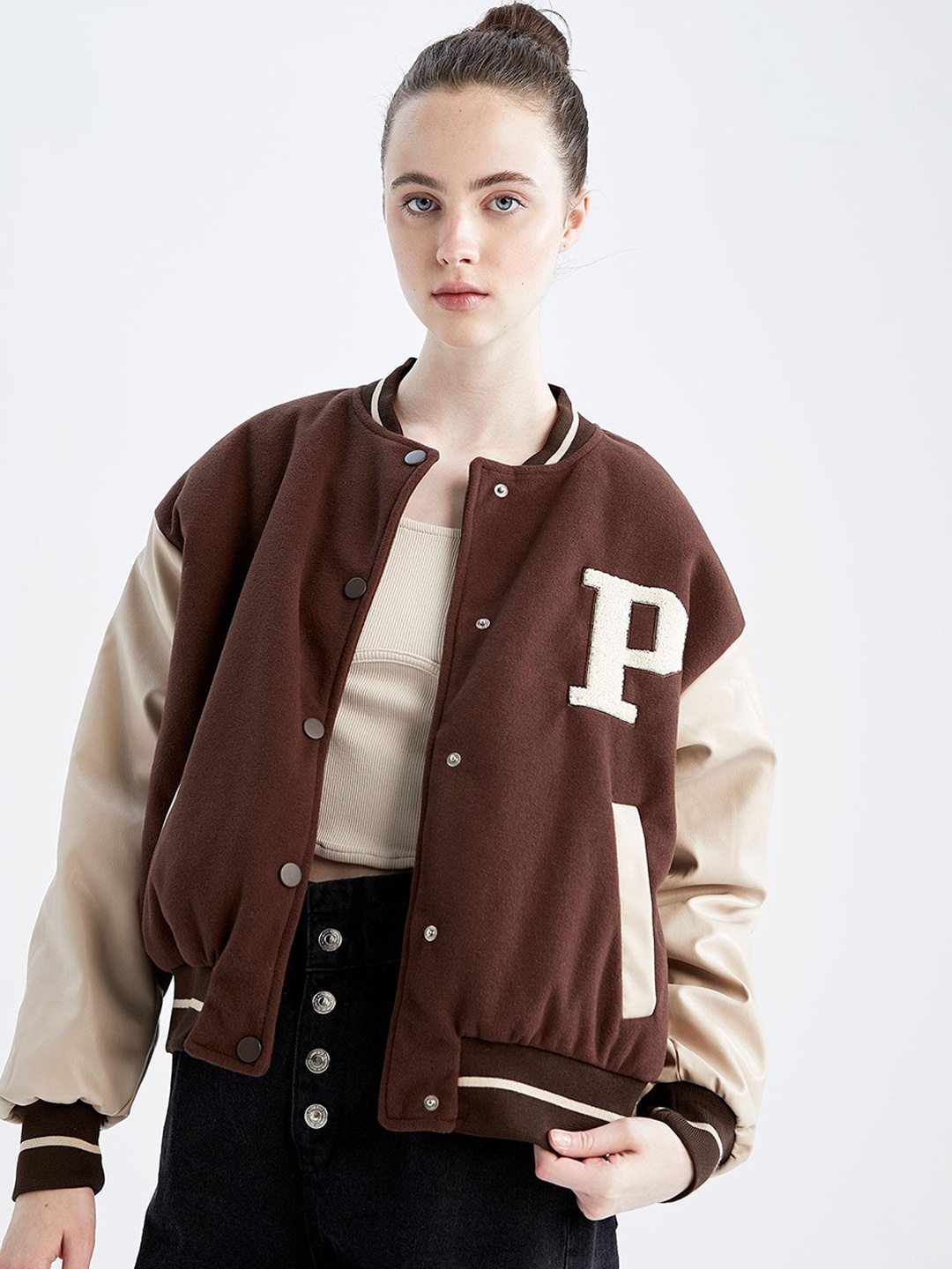 

DeFacto Women Brown & Beige Colourblocked Varsity Jacket