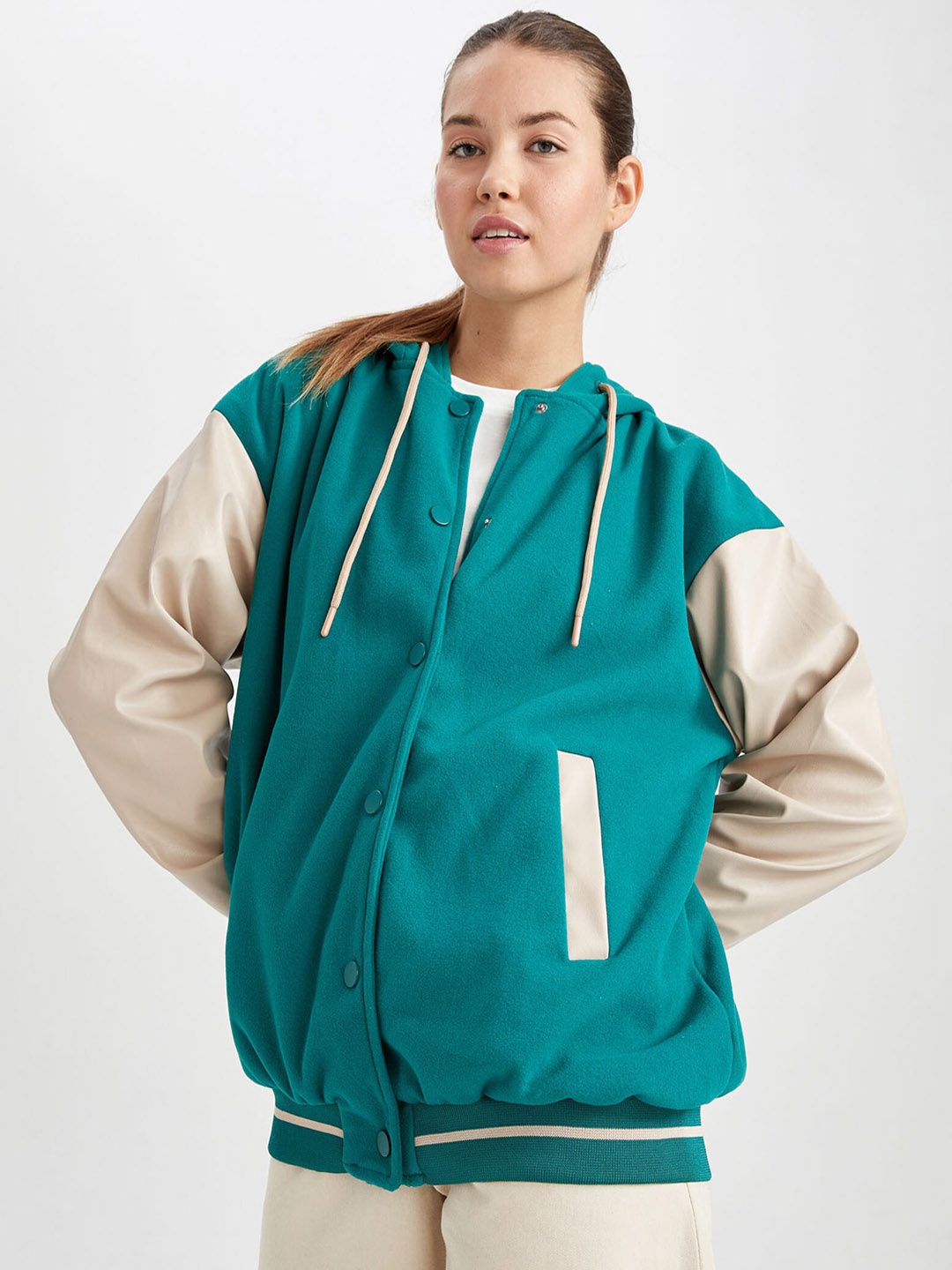 

DeFacto Women Green & White Colourblocked Varsity Jacket