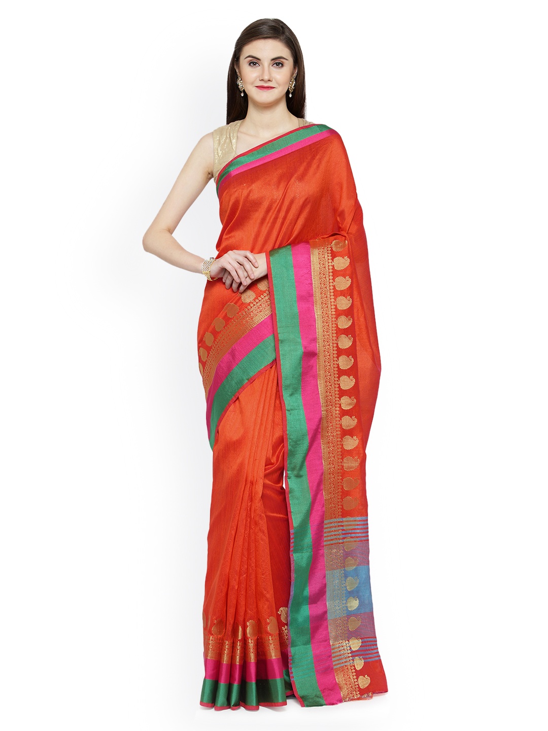 

Kvsfab Rust Orange Silk Cotton Saree