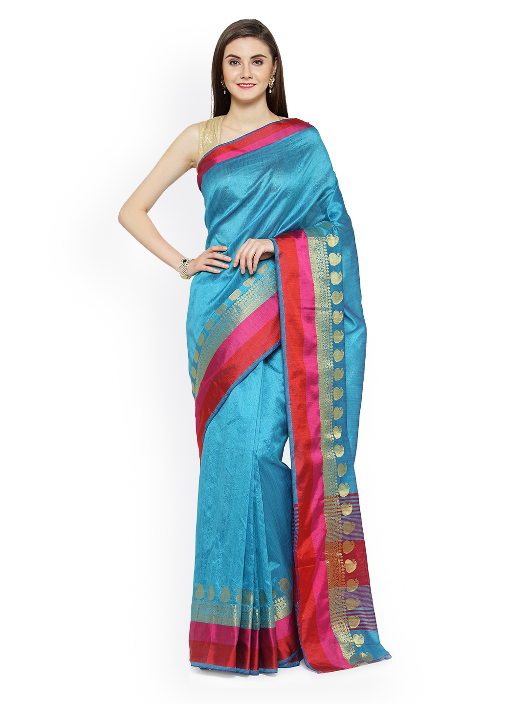

Kvsfab Turquoise Blue Silk Cotton Saree