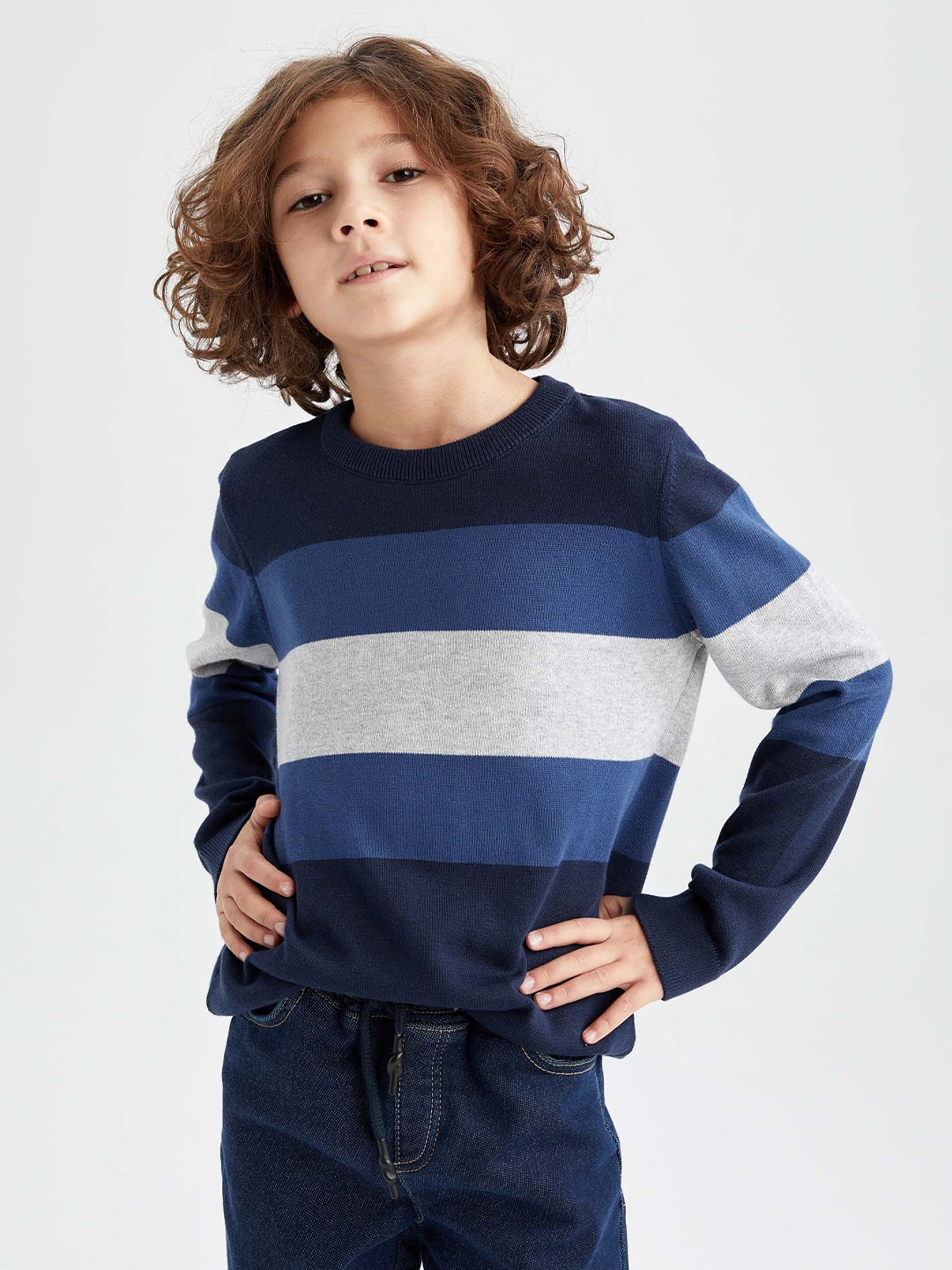 

DeFacto Boys Navy Blue & Blue Cotton Colourblocked Pullover