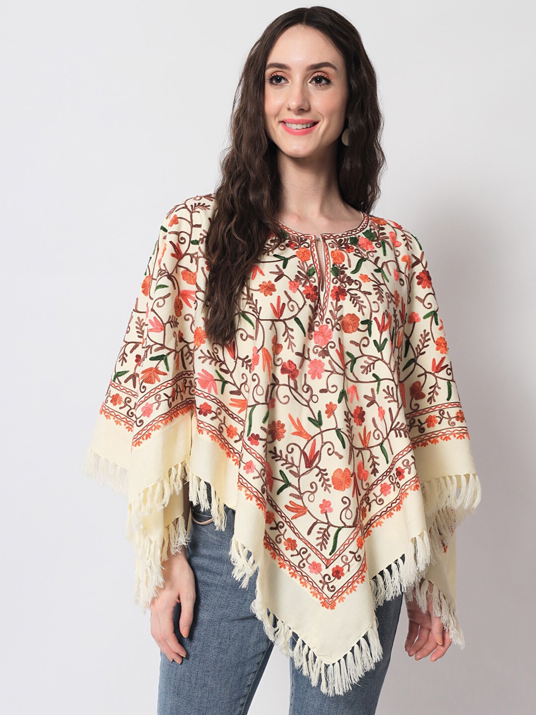 

Zamour Women White & Red Floral Embroidered Kashmiri Poncho