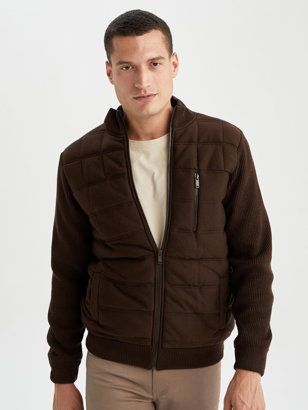 

DeFacto Men Brown Solid Open Front Sweater
