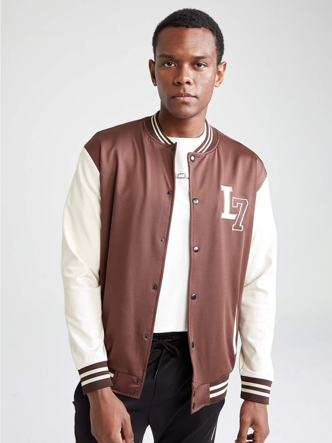 

DeFacto Men Brown & Off White Colourblocked Varsity Jacket