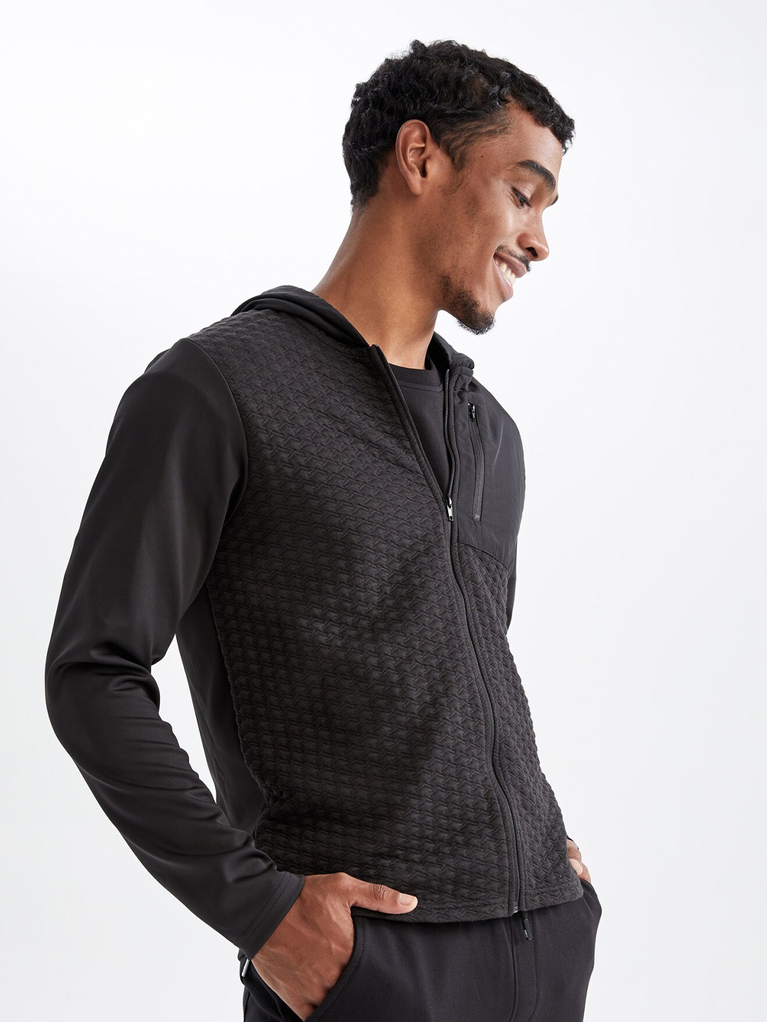 

DeFacto Men Black Open Front Hooded Jacket