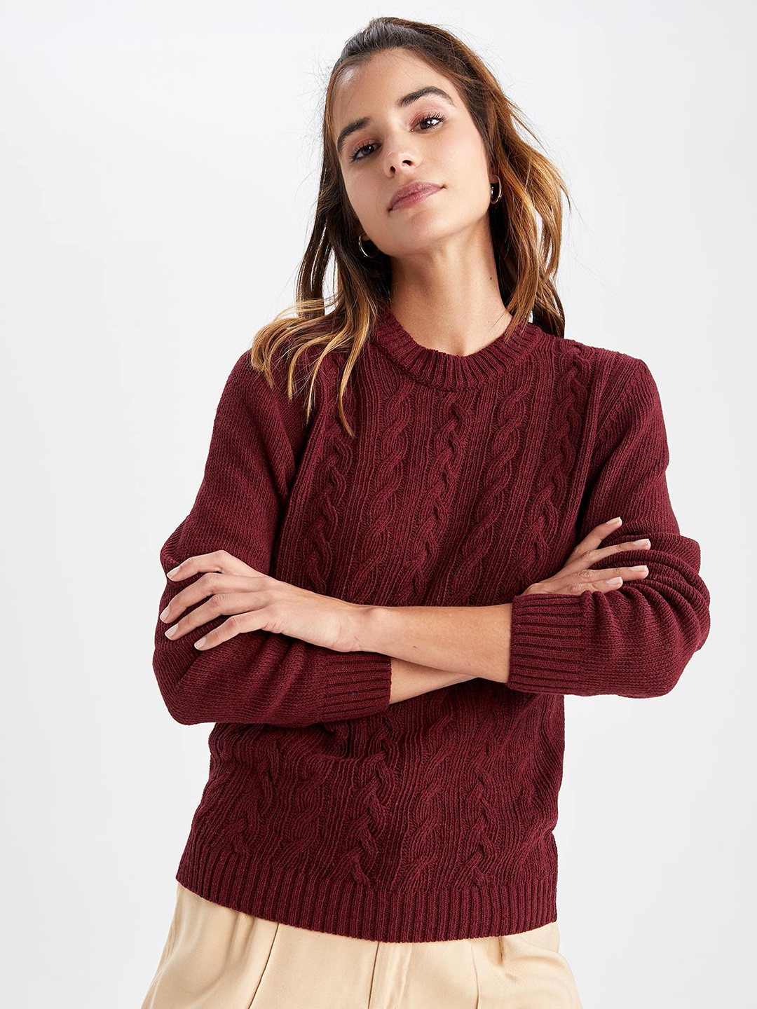 

DeFacto Women Maroon Cable Knit Pullover