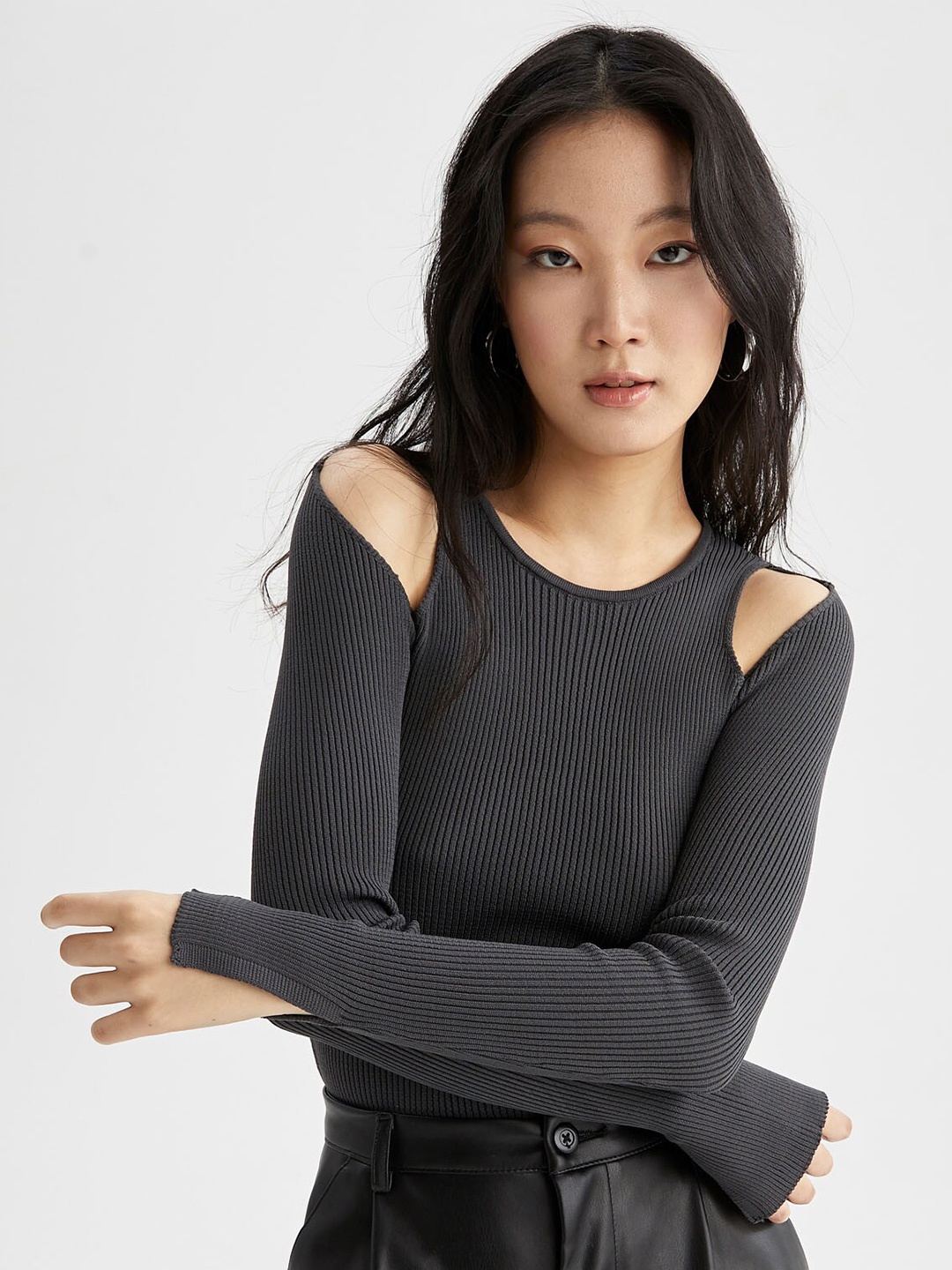 

DeFacto Women Black Ribbed Pullover