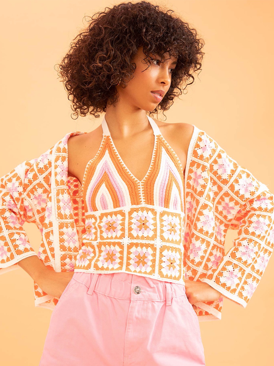 

DeFacto Women Orange & White Printed Cardigan