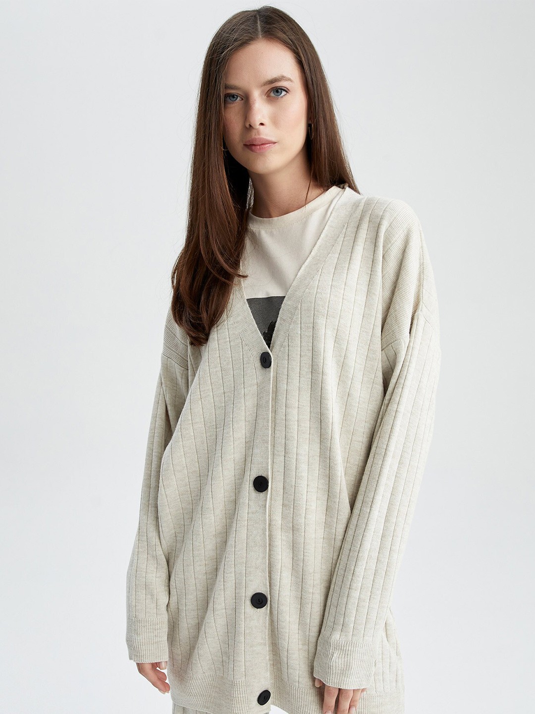 

DeFacto Women Off White Striped Striped Longline Cardigan