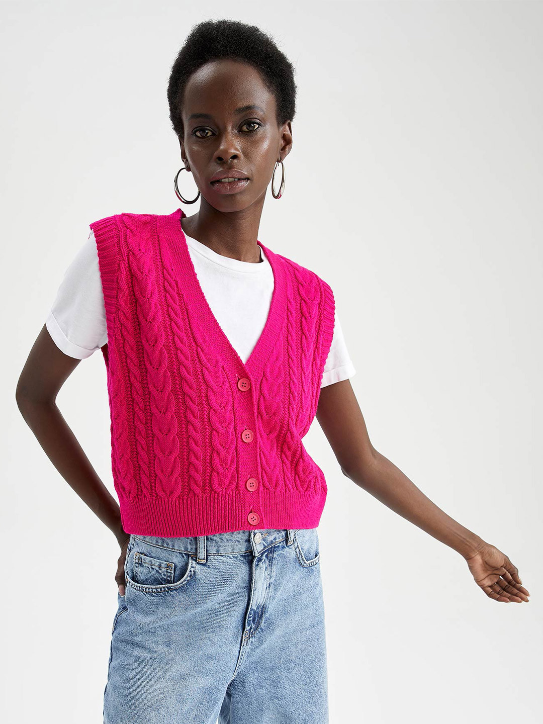 

DeFacto Women Pink Cable Knit Cardigan
