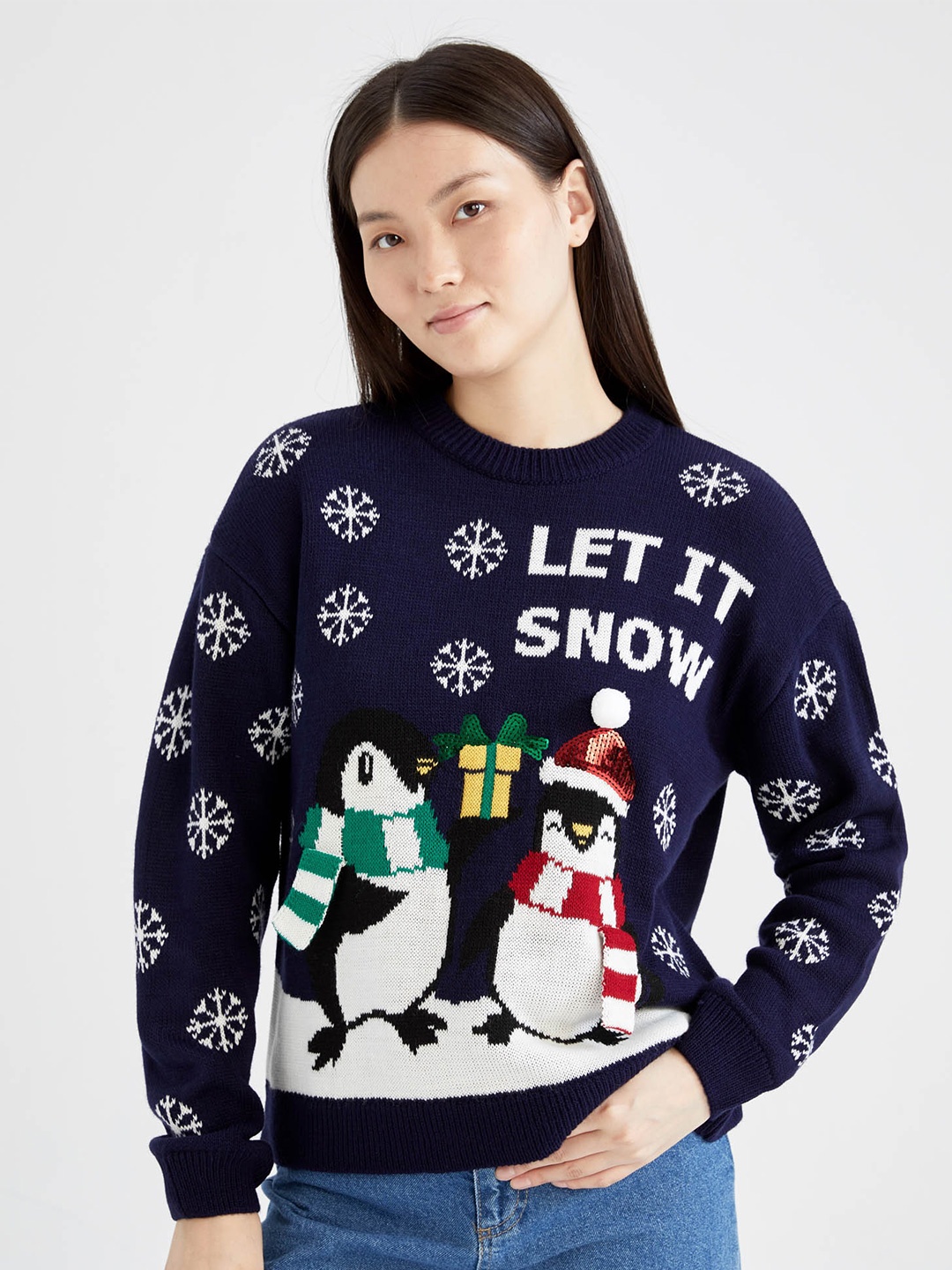 

DeFacto Women Navy Blue & White Printed Acrylic Pullover