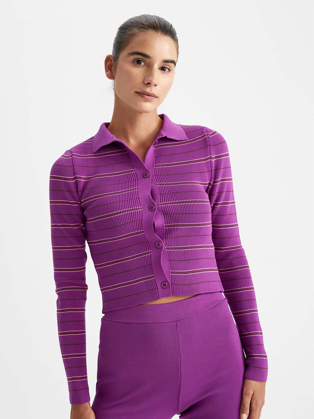 

DeFacto Women Violet & White Striped Crop Cardigan
