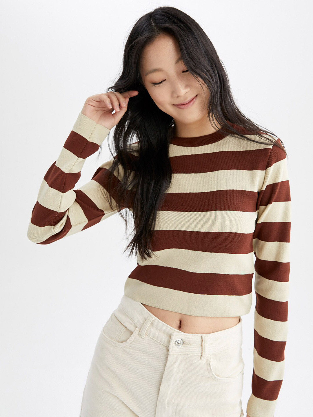 

DeFacto Women Brown & Beige Striped Striped Crop Pullover