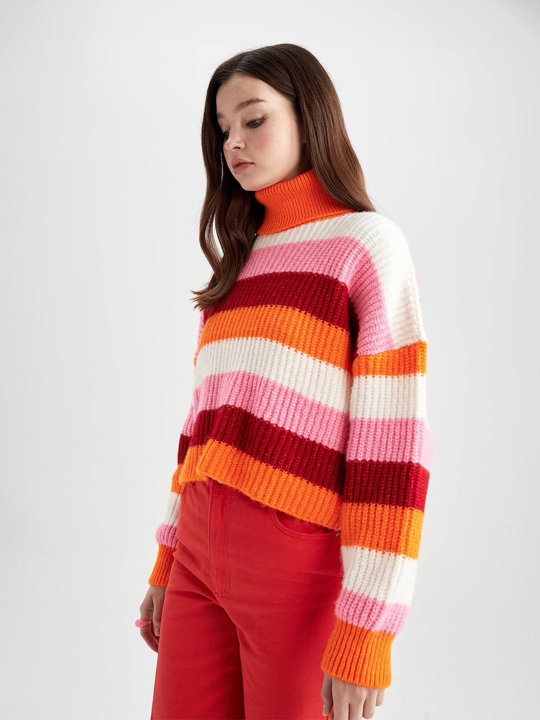 

DeFacto Women Orange & Pink Striped Pullover
