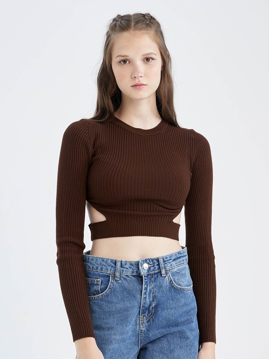 

DeFacto Women Brown Ribbed Crop Pullover