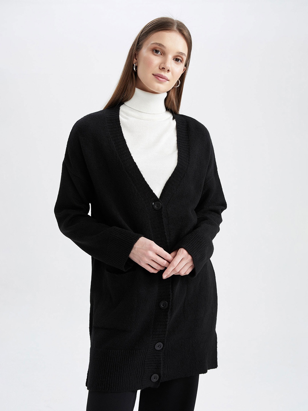 

DeFacto Women Black Front Open Longline Cardigan